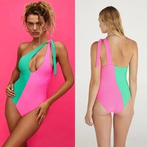 Free People Pink and Green One-Piece Swimsuit